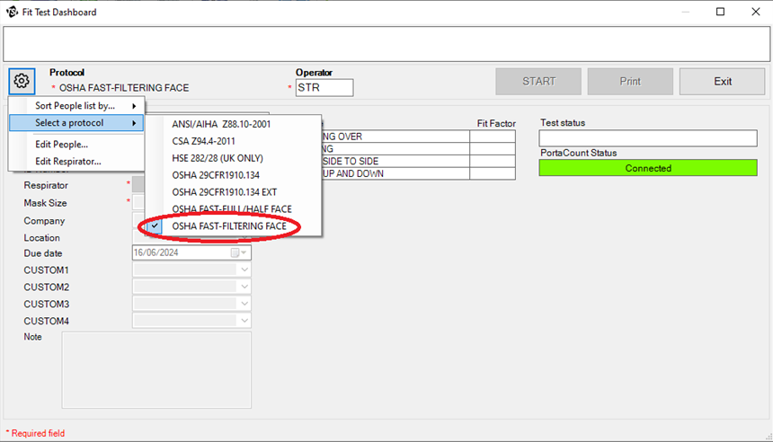 Portacount Fit Test Dashboard Select Protocol OHSA Fast Filtering Face