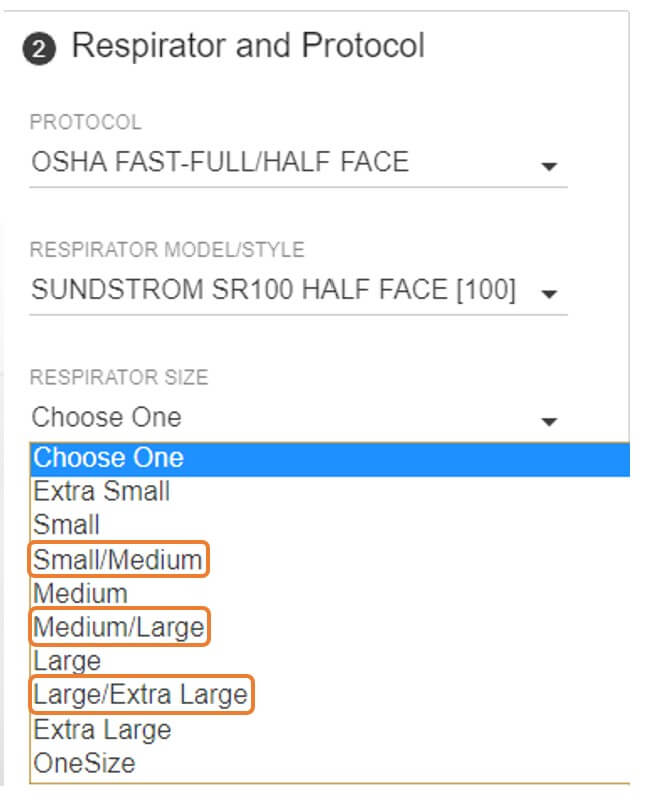When selecting the SR100 respirator for a test, the size must be selected